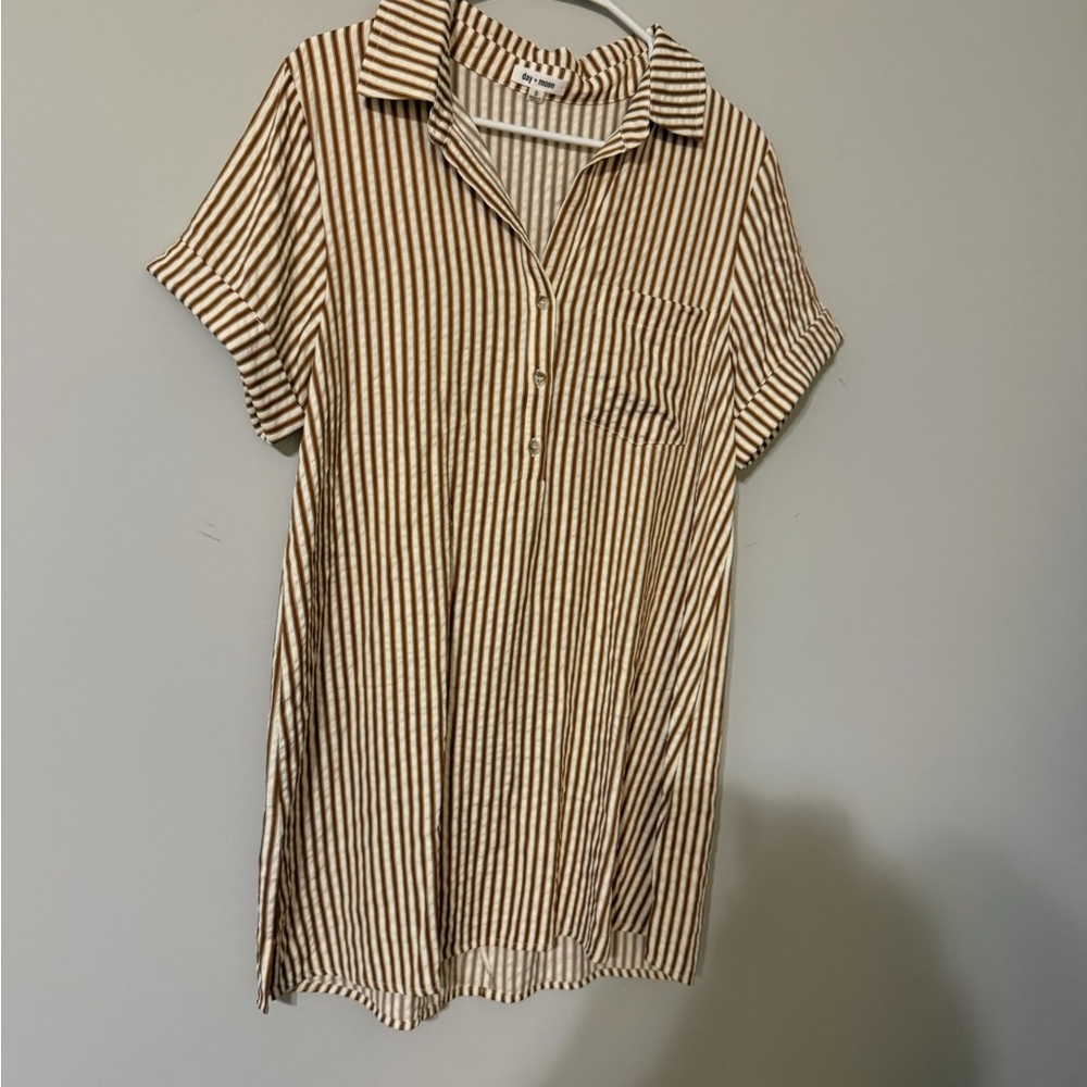 Boutique Striped Short-Sleeve Shirt Dress - Brown & Cream